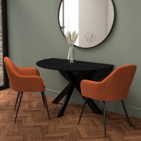 Round Black Oak Drop Leaf Dining Table Set with 2 Orange Velvet Chairs - Seats 2 - Carson Round Black Oak Drop Leaf Dining Table Set with 2 Orange Velvet Chairs - Seats 2 - Carson