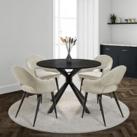 Round Black Oak Drop Leaf Dining Table with 4 Beige Fabric Dining Chairs - Carson