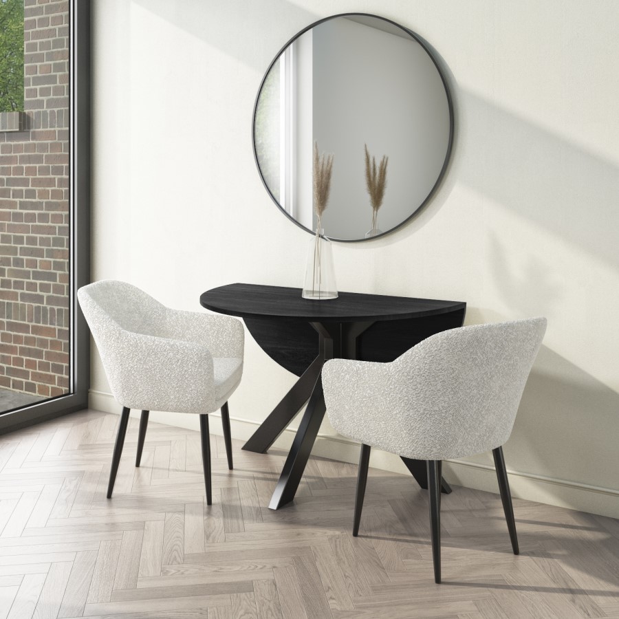 Small Round Black Oak Drop Leaf Dining Table Set with 2 Cream Boucle Chairs - Seats 2 - Carson