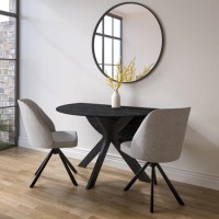 Round Black Oak Drop Leaf Dining Table Set with 2 Grey Upholstered Swivel Chairs - Seats 2 - Carson