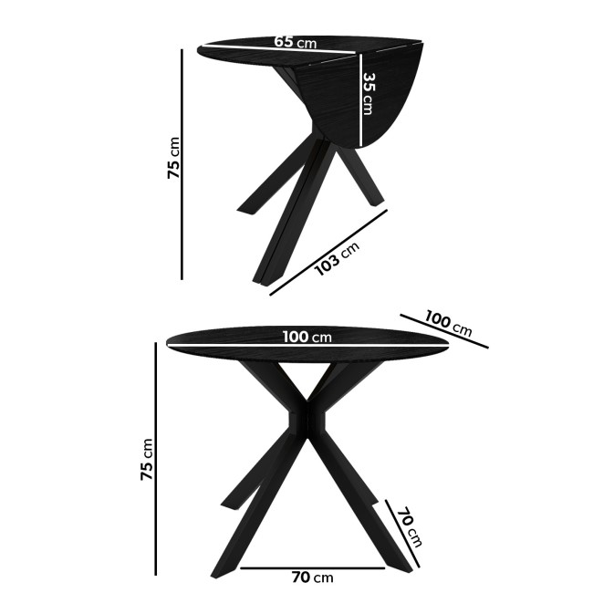 Round Black Oak Drop Leaf Dining Table Set with 2 Grey Upholstered Swivel Chairs - Seats 2 - Carson