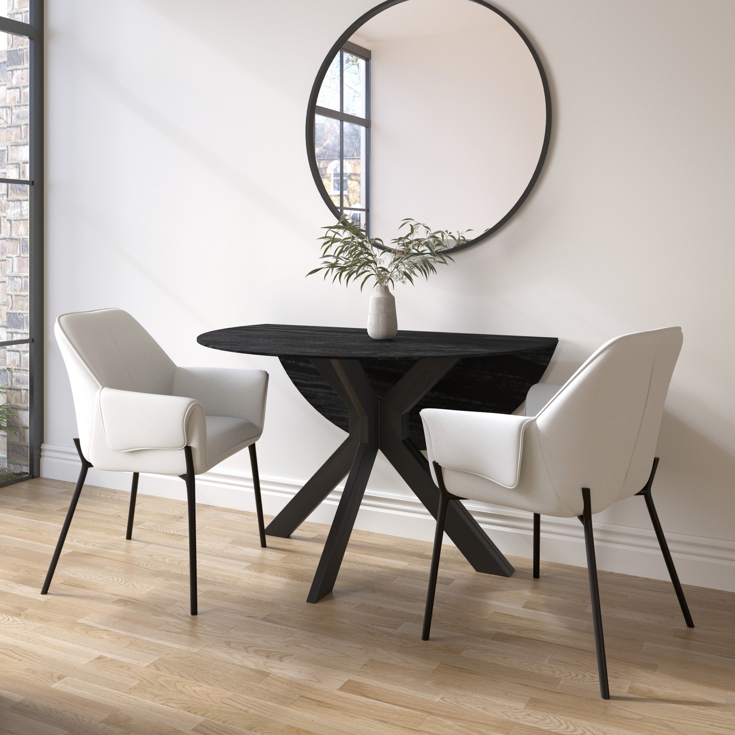 Round Oak Drop Leaf Dining Table Set 2 Cream Upholstered Chairs Seats 2