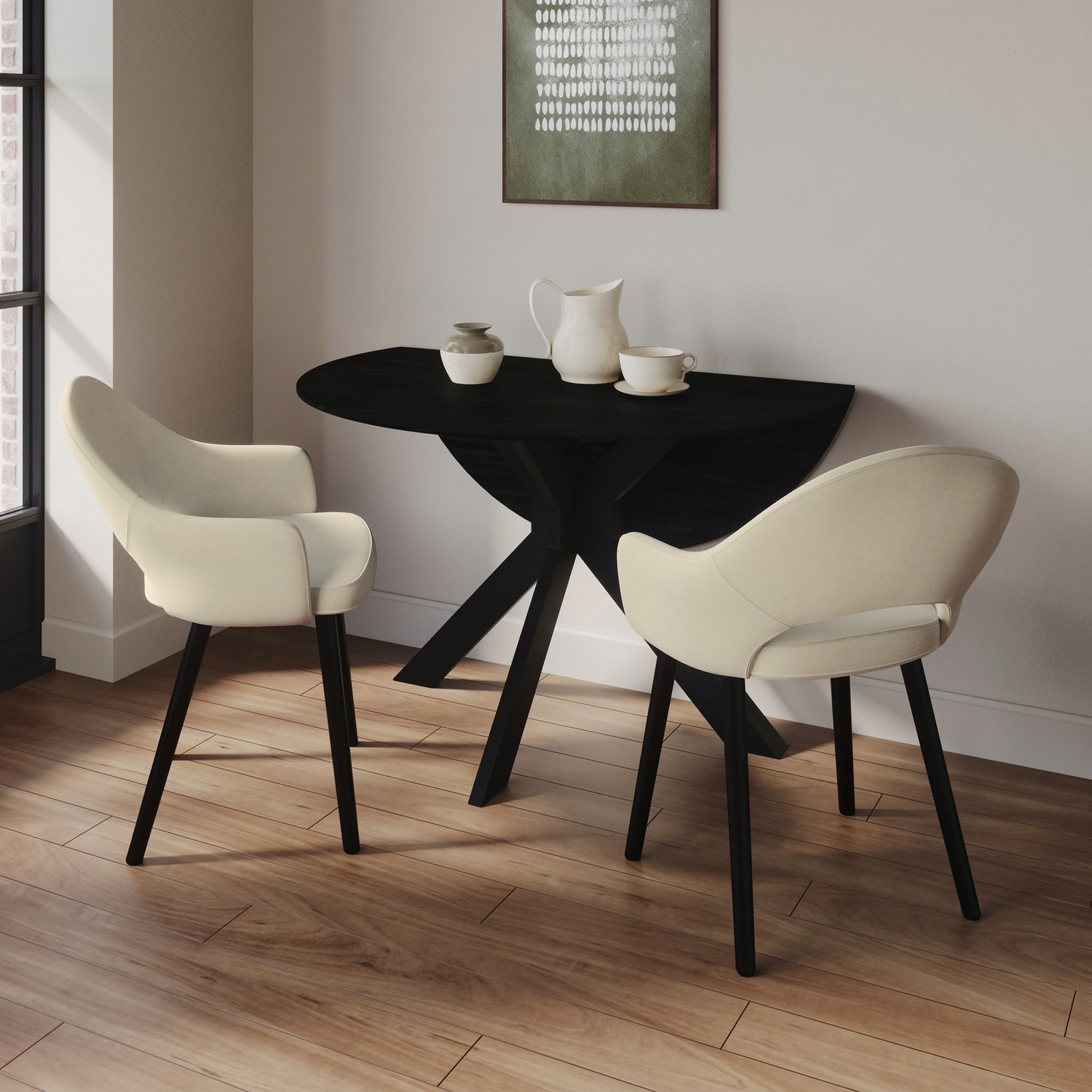 Carson Black Round Drop Leaf Dining Table Set With 2 Beige Upholstered Chairs - Seats 2
