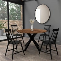 Walnut Round Drop Leaf Dining Table with 4 Black Spindle Dining Chairs - Carson