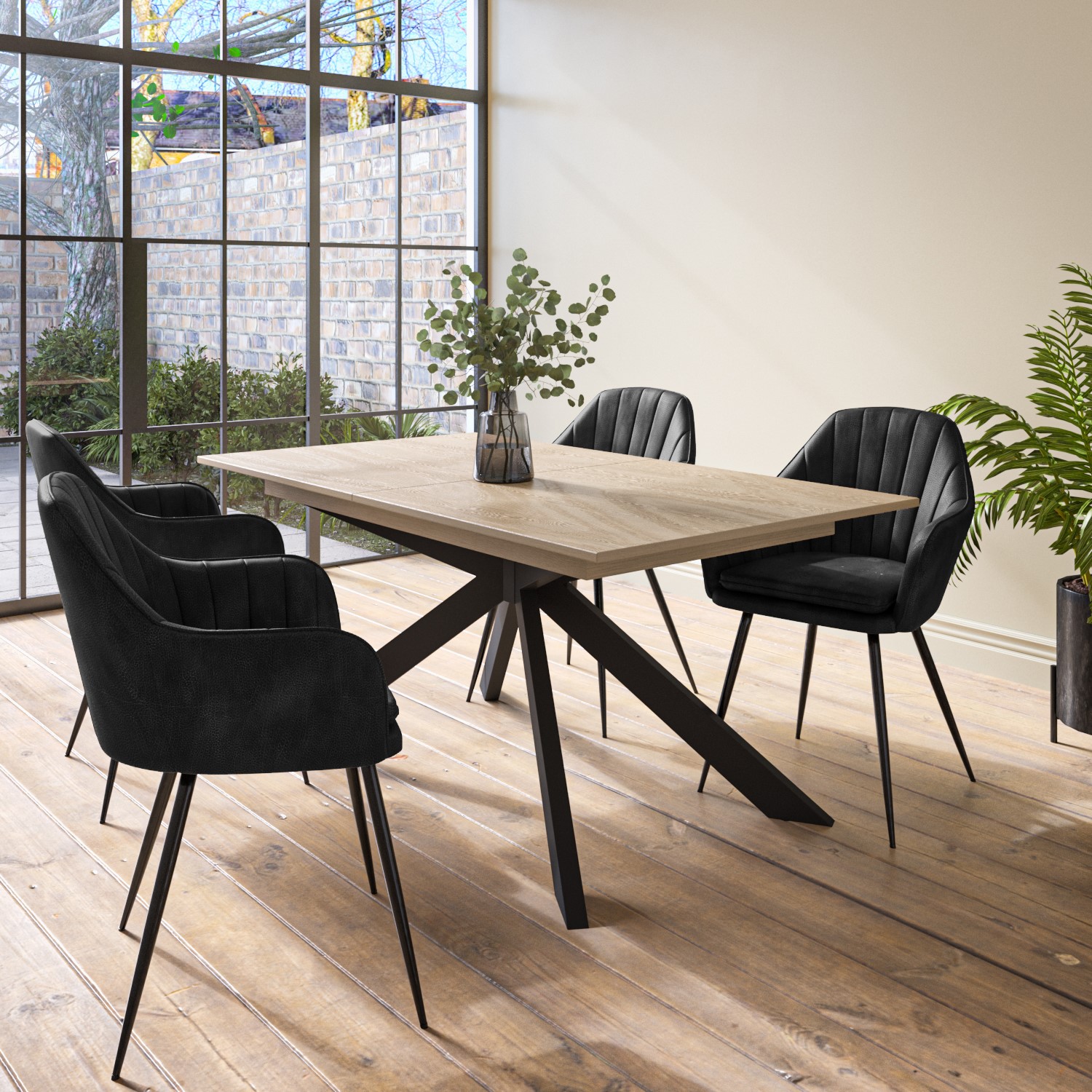 Photo of Extendable oak dining table with 4 black faux leather dining chairs - carson
