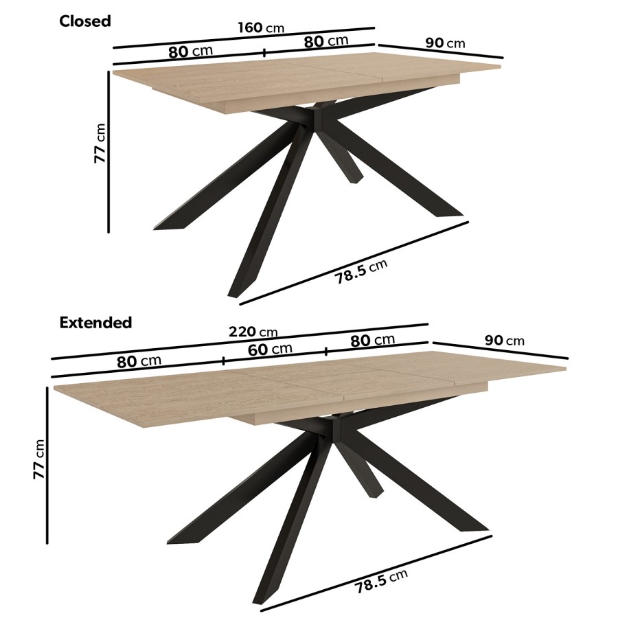 Extendable Oak Dining Table with 8 Black Faux Leather Dining Chairs - Carson