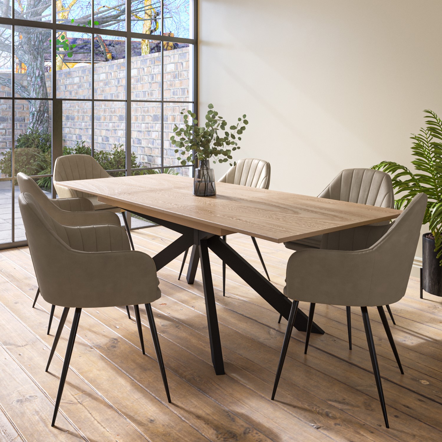 Photo of Extendable oak dining table with 6 beige faux leather dining chairs - carson
