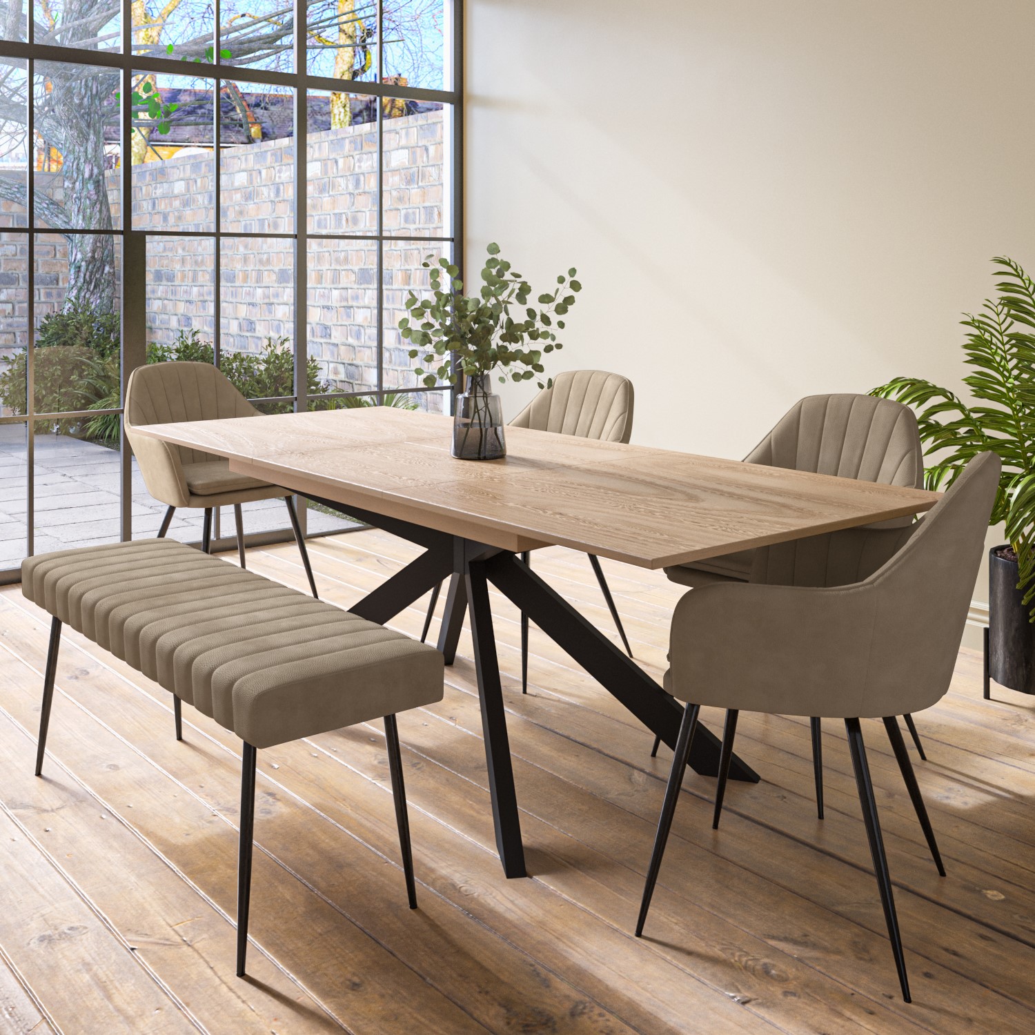 Photo of Extendable oak dining table with 4 beige faux leather dining chairs and 1 dining bench - seats 6 - carson