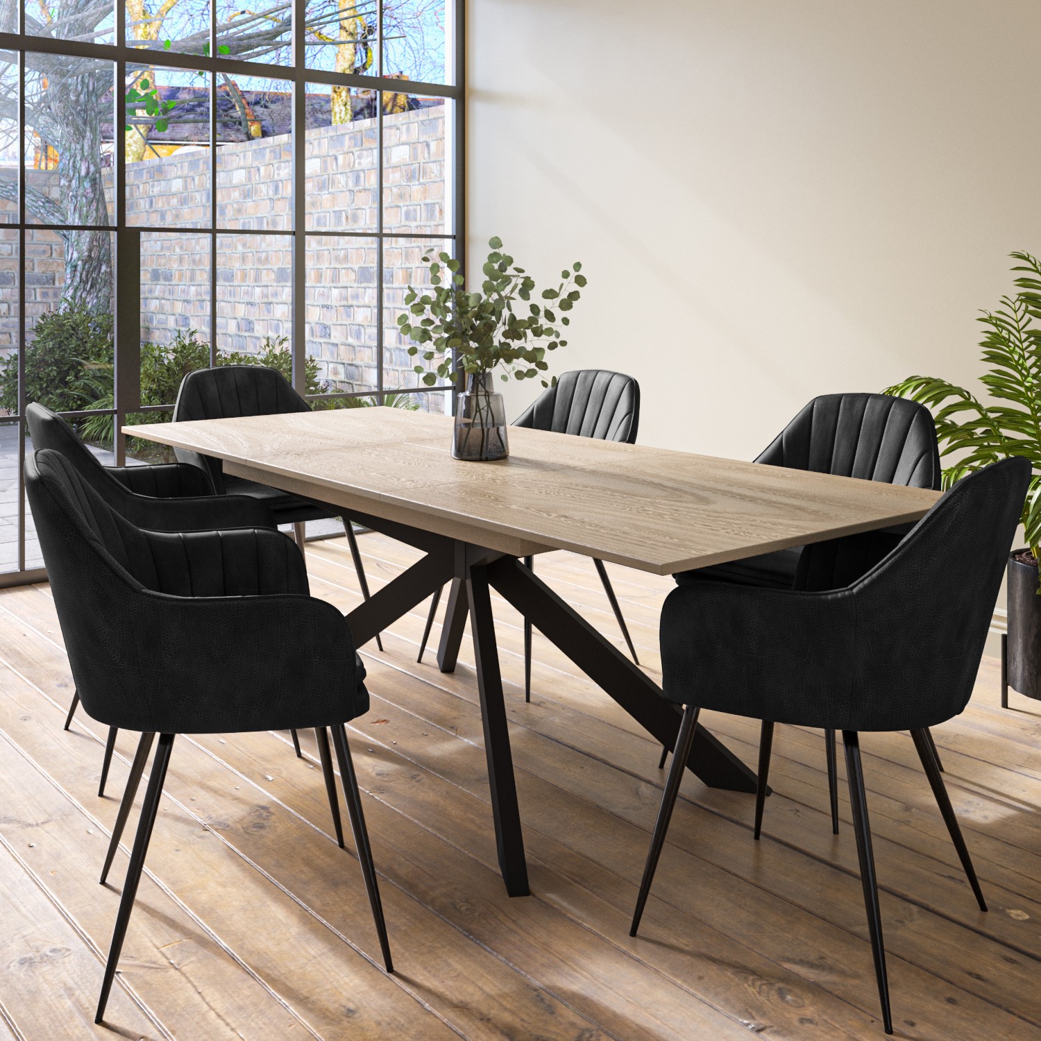 Photo of Extendable oak dining table with 6 black faux leather dining tub chairs - carson