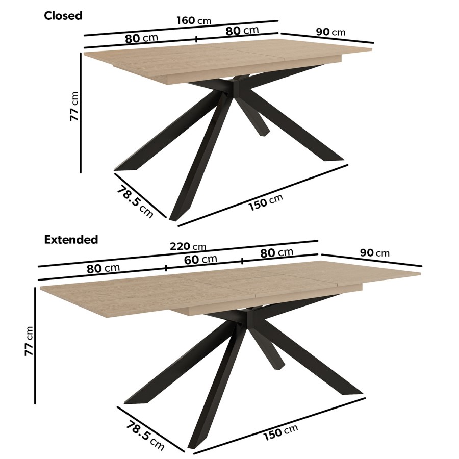 Oak Extendable Dining Table Set with 6 Black Faux Leather Chairs - Seats 6 - Carson