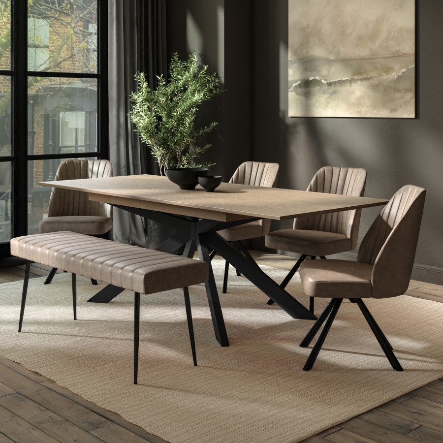 Oak Extendable Dining Table Set with 4 Beige Faux Leather Swivel Chairs and 1 Bench - Seats 6 - Carson