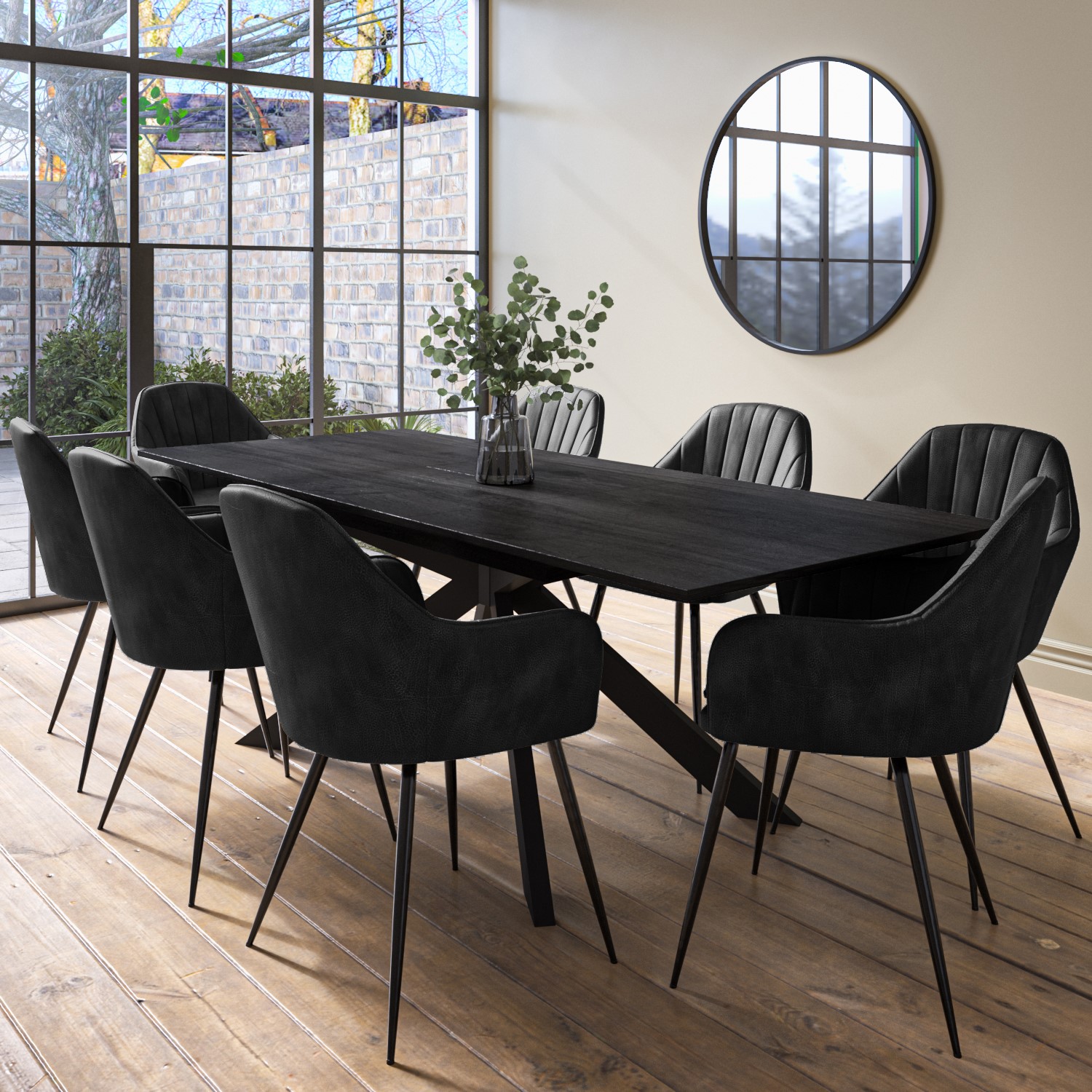 Photo of Extendable black dining table with 8 black faux leather dining chairs - carson