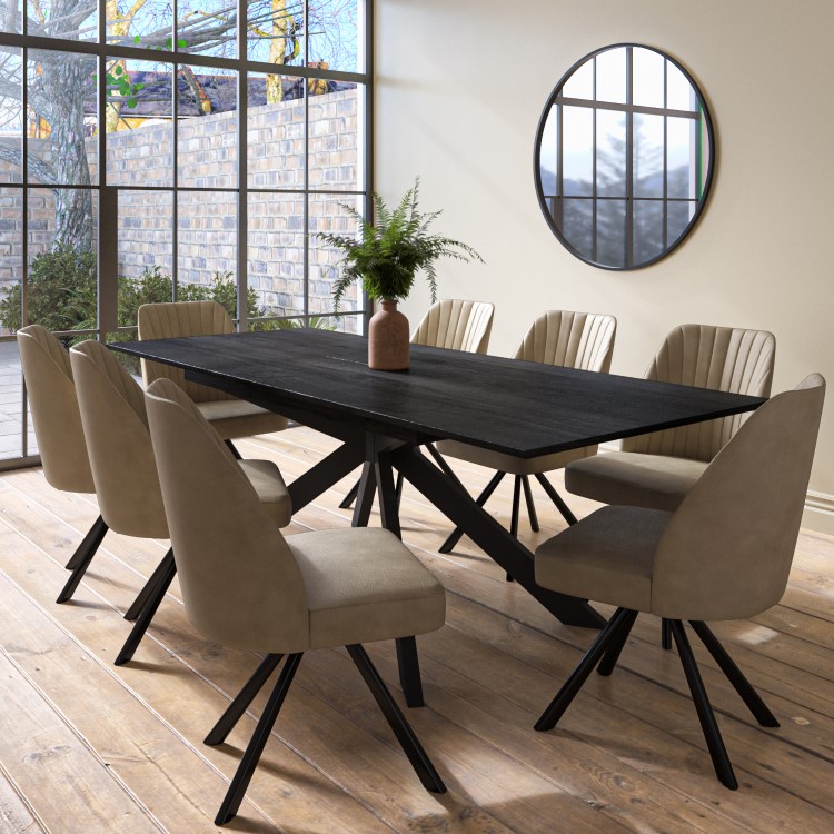 Black Extendable Dining Table Set with 8 Beige Faux Leather Swivel Chairs - Seats 8 - Carson