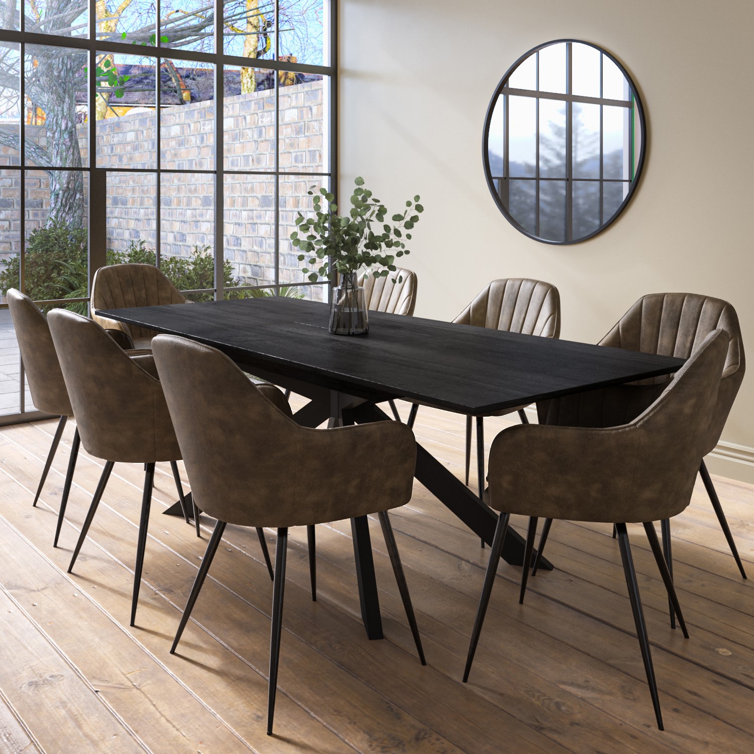 Black Extendable Dining Table Set with 8 Brown Faux Leather Chairs ...