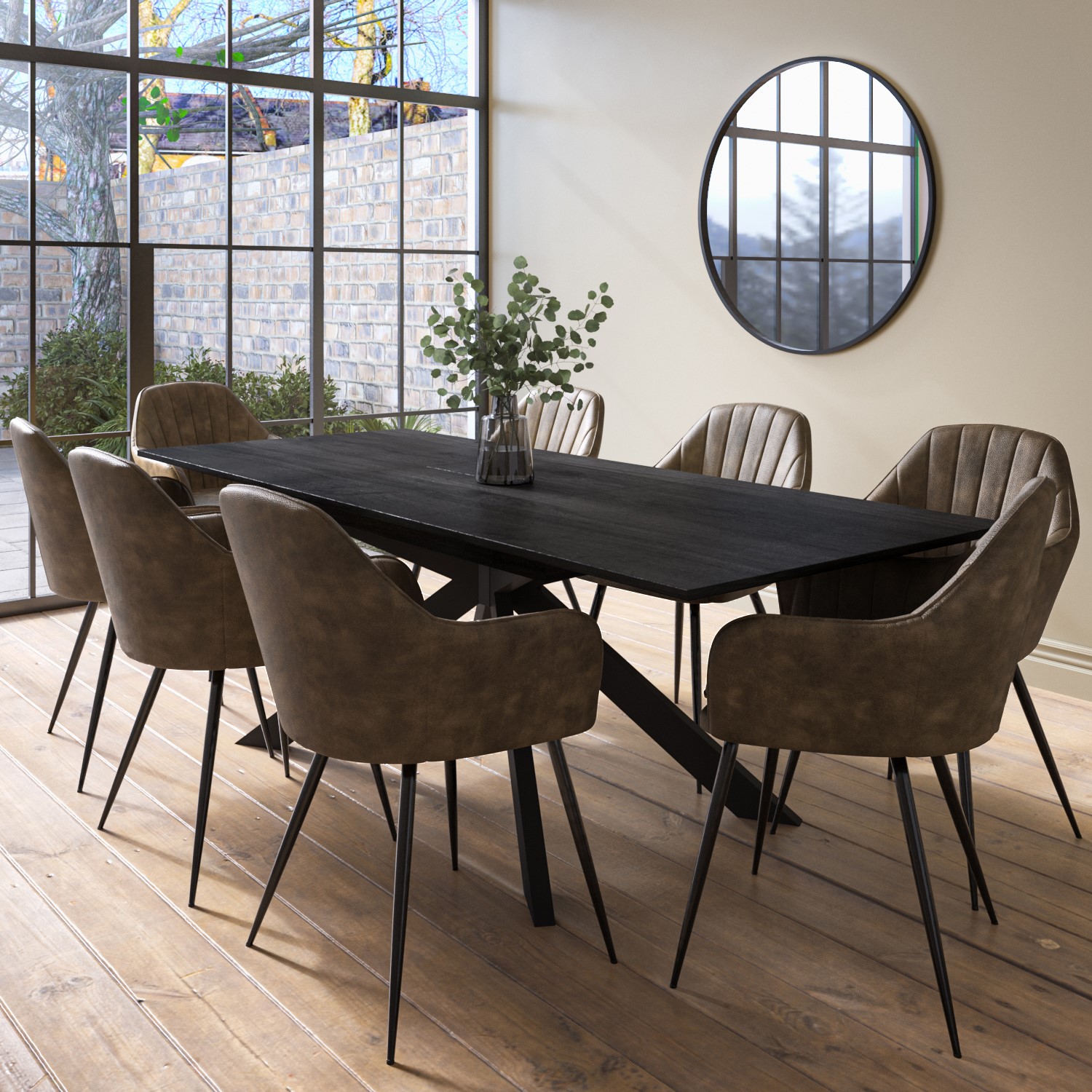 Photo of Extendable black dining table with 8 brown faux leather dining chairs - carson