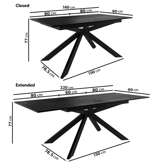 Extendable Black Dining Table Set with 6 Black Fabric Chairs - Seats 6 - Carson