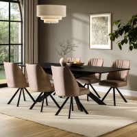 Black Extendable Dining Table Set with 6 Beige Faux Leather Swivel Dining Chairs - Seats 6 - Carson