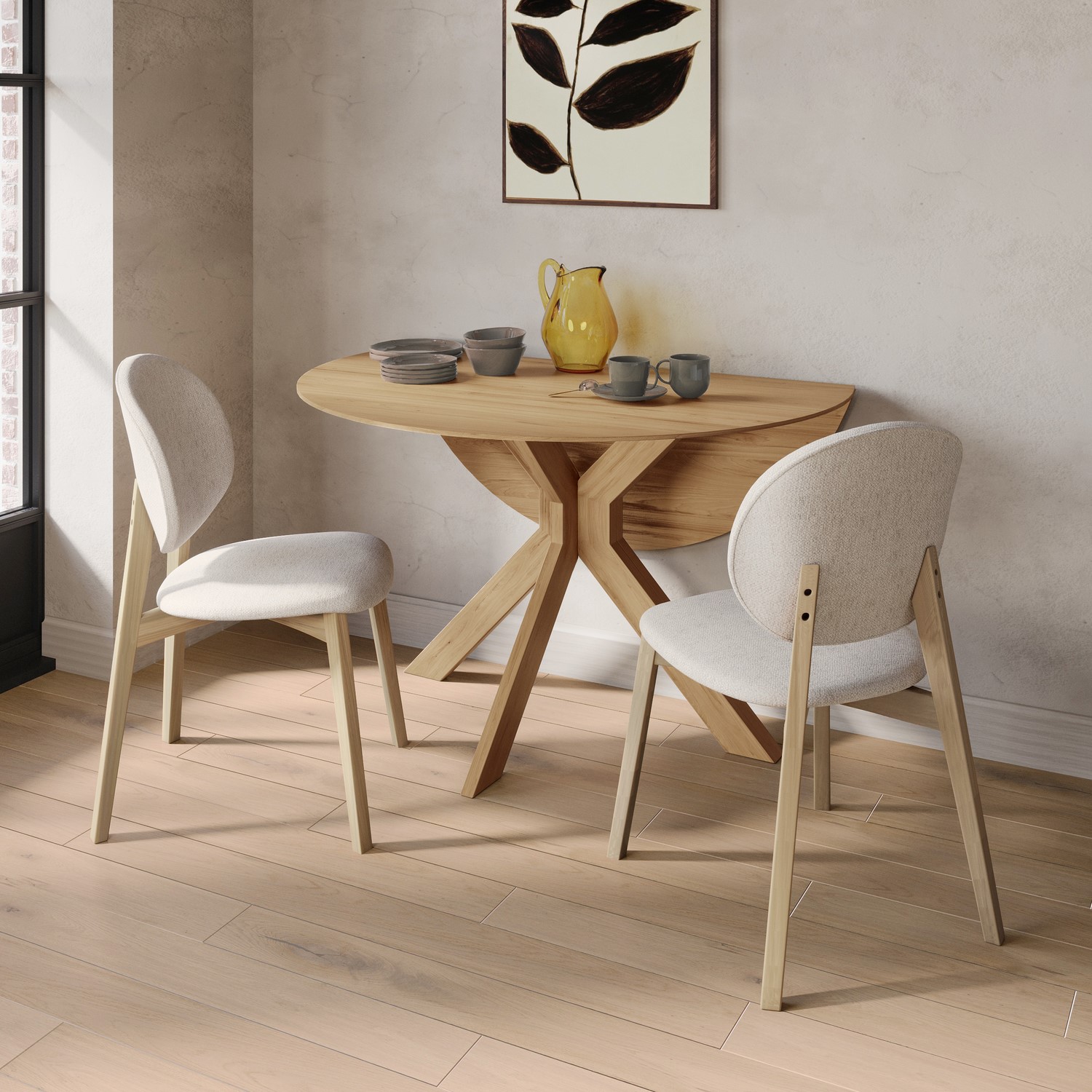 Round Oak Drop Leaf Dining Table Set 2 Upholstered Chairs Seats 2