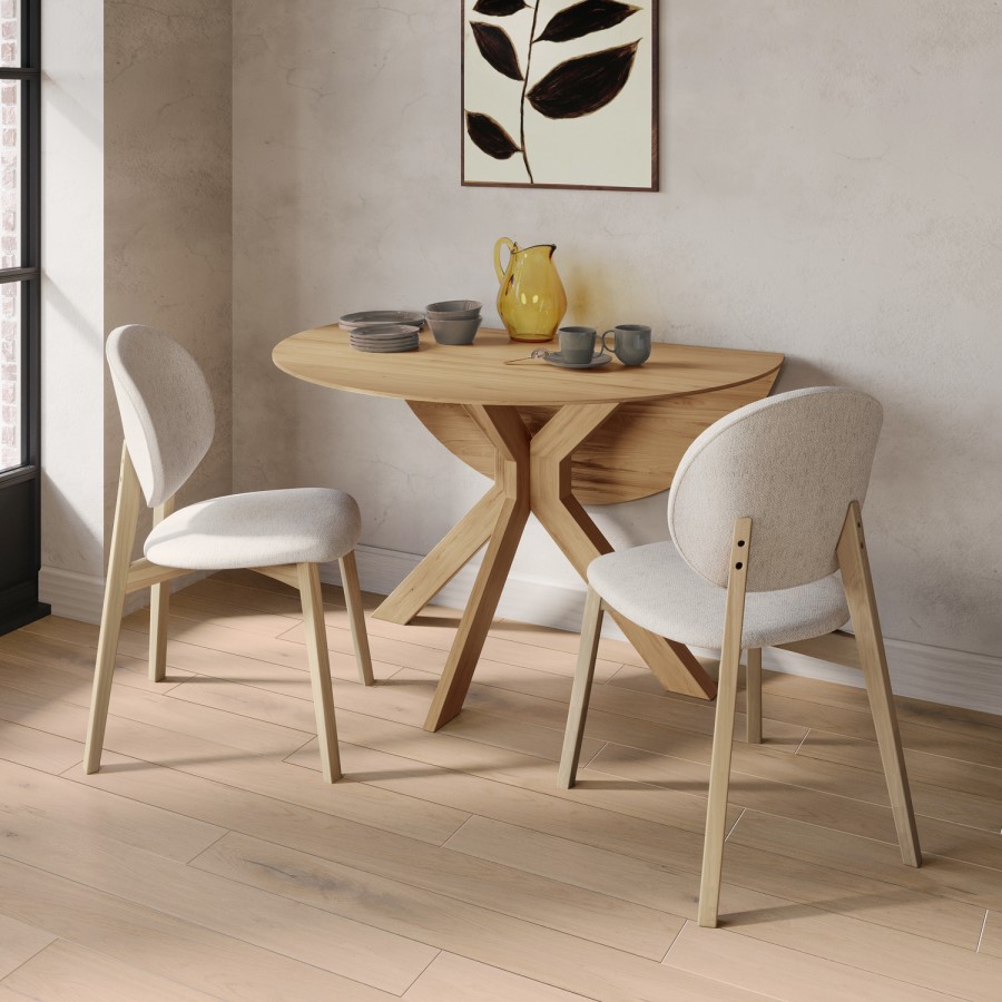 Round Oak Drop Leaf Dining Table Set with 2 Cream Upholstered Chairs - Seats 2 - Carson