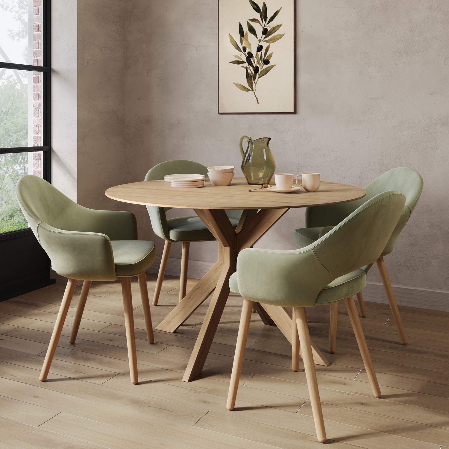 Carson Brown Round Oak Drop Leaf Dining Table Set With 4 Sage Green Velvet Chairs - Seats 4