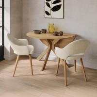 Round Oak Drop Leaf Dining Table Set with 2 Beige Upholstered Chairs - Seats 2 - Carson