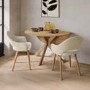 Round Oak Drop Leaf Dining Table Set with 2 Beige Upholstered Chairs - Seats 2 - Carson