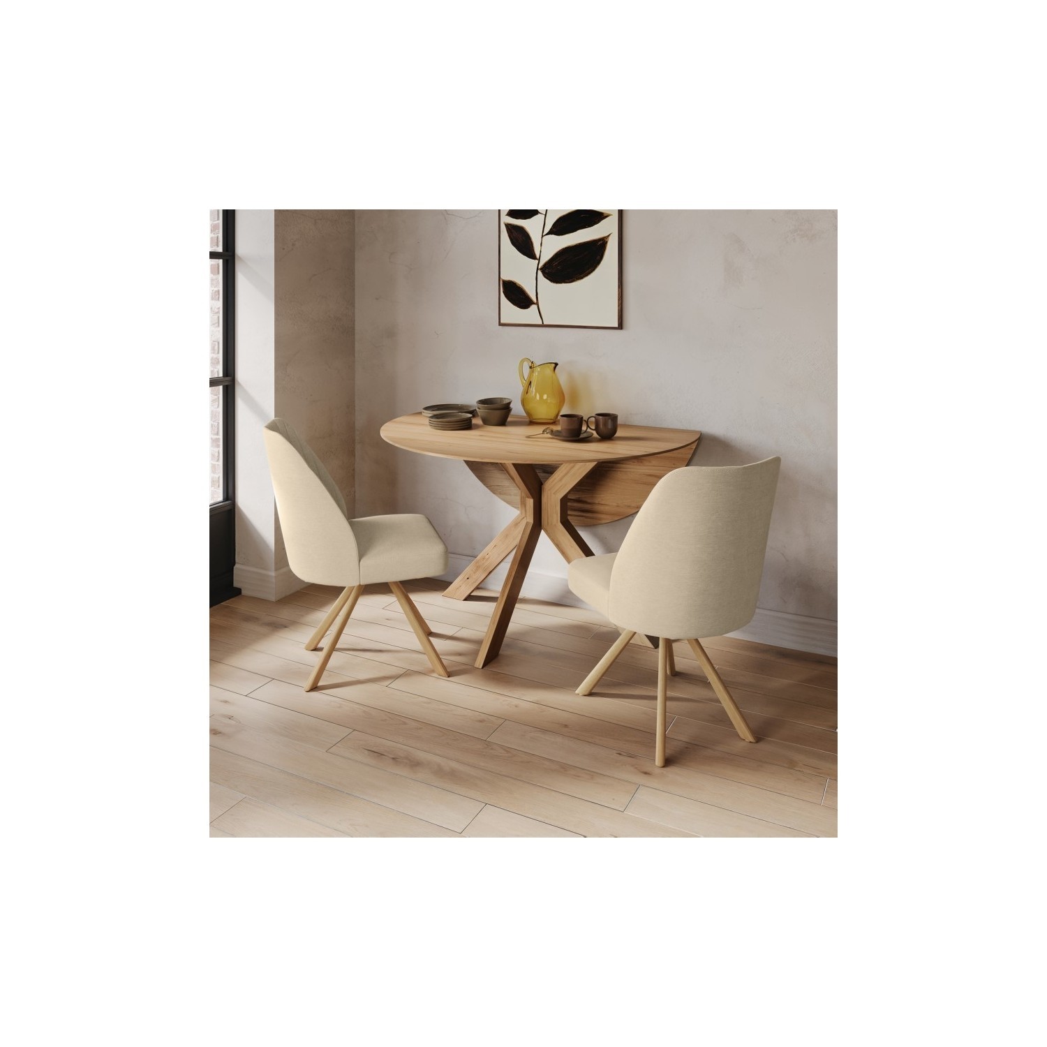 Carson Brown Round Oak Drop Leaf Dining Table Set With 2 Beige Upholstered Swivel Chairs - Seats 2