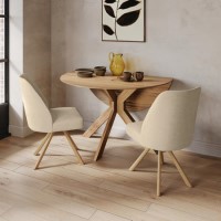 Round Oak Drop Leaf Dining Table Set with 2 Beige Upholstered Swivel Chairs - Seats 2 - Carson