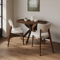 Round Walnut Drop Leaf Dining Table Set with 2 Beige Fabric Curved Back Dining Chairs - Carson