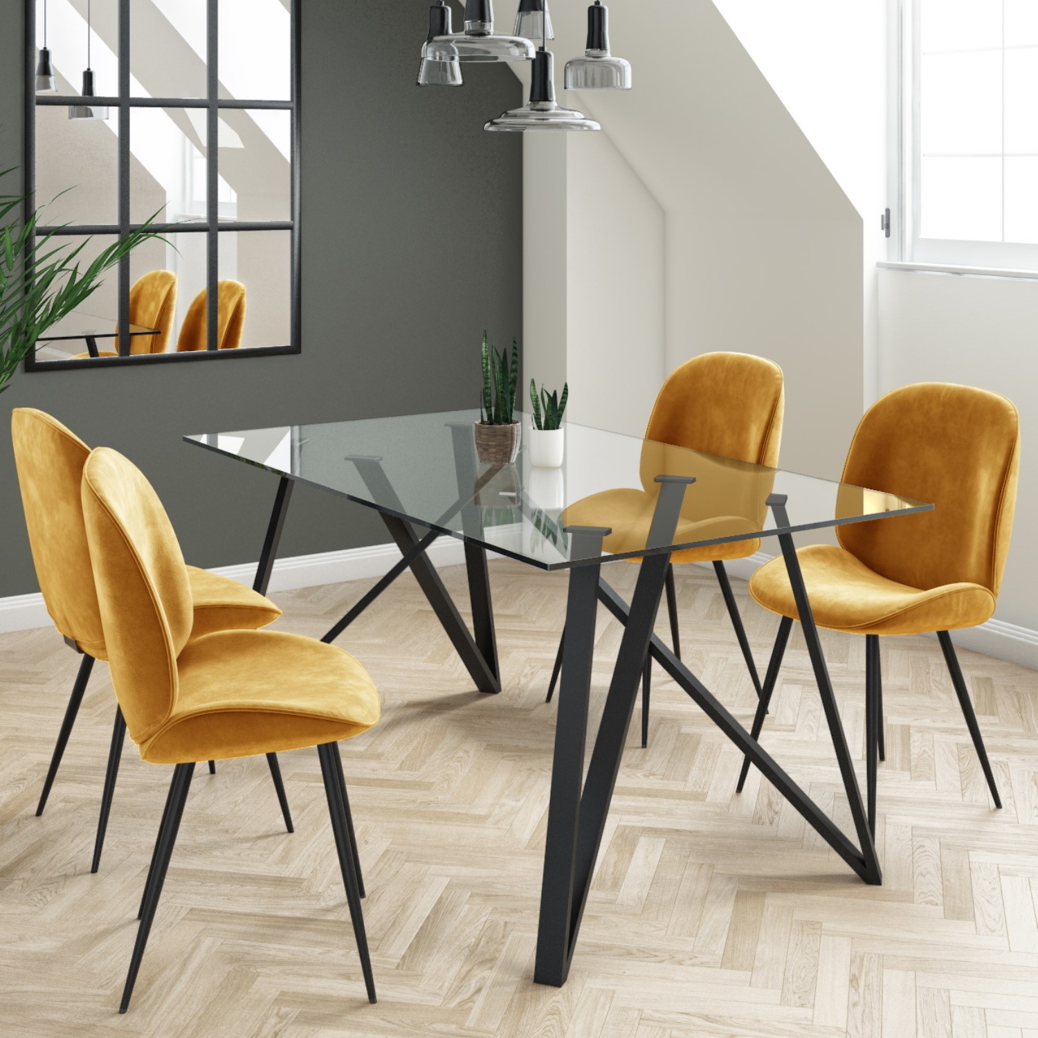 Dax Glass Dining Table With 4 Mustard, Glass Dining Room Table And Chairs Uk