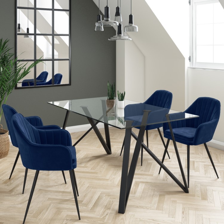 Glass Dining Table Set with 4 Navy Velvet Chairs - Seats 4 - Dax