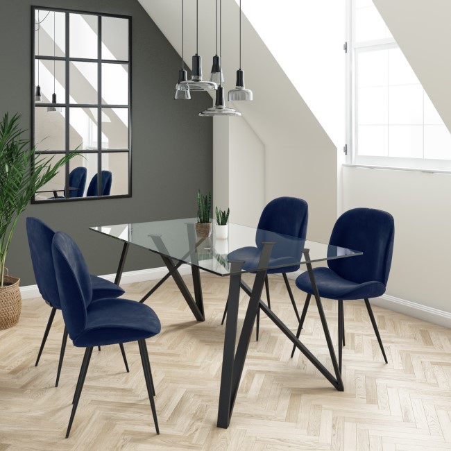 Glass Top Dining Table with 4 Navy Velvet Dining Chairs - Dax