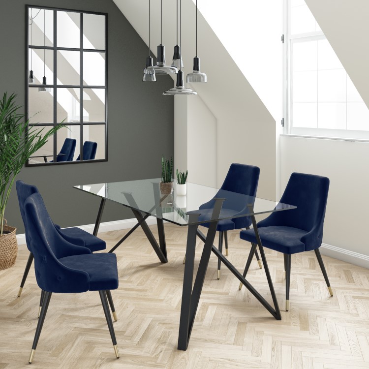 Glass Dining Table Set with 4 Navy Velvet Button Back Chairs - Seats 4 - Dax