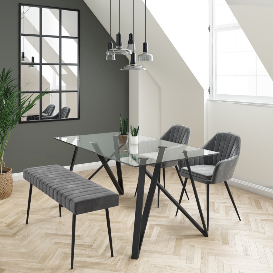 Glass Top Dining Table with 2 Grey Velvet Dining Chairs and 1 Matching Bench - Dax