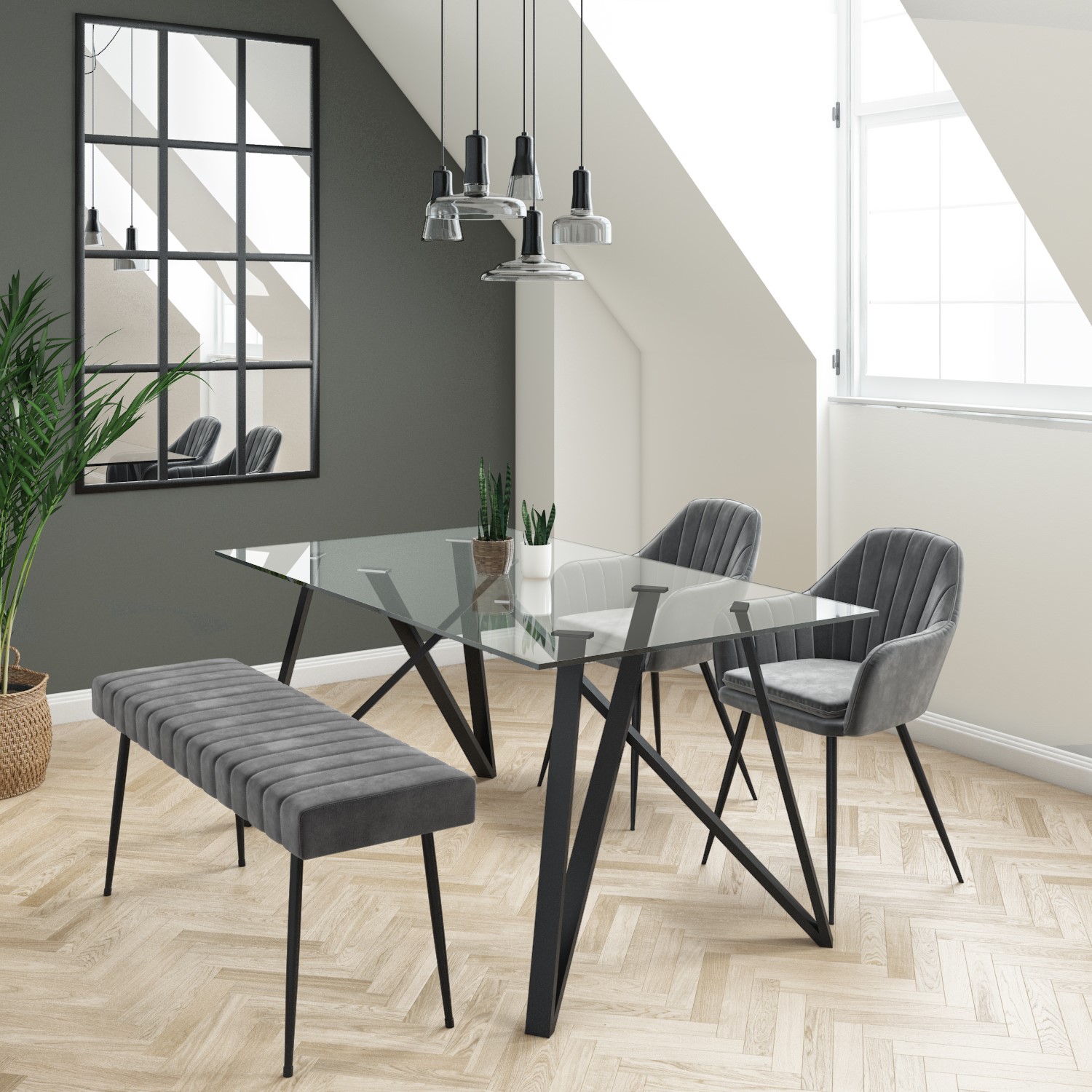 Dax Glass Dining Table With 2 Grey, Glass Dining Table With Chairs And Bench