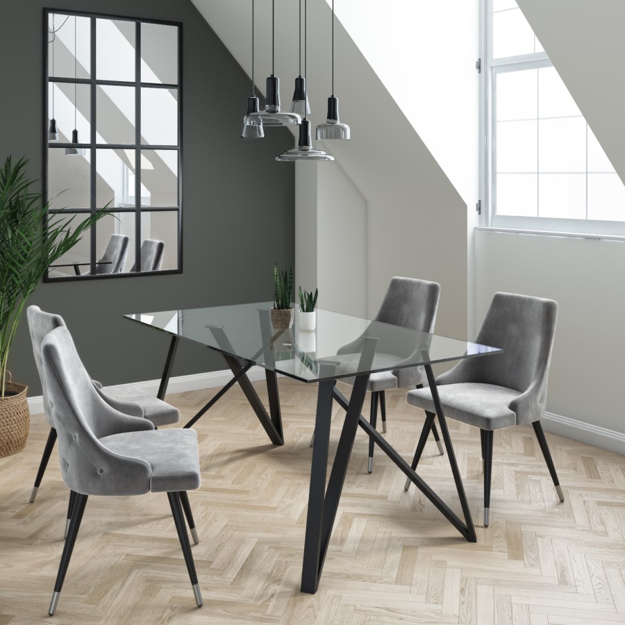 Glass Dining Table with 4 Grey Velvet Dining Chairs - Dax