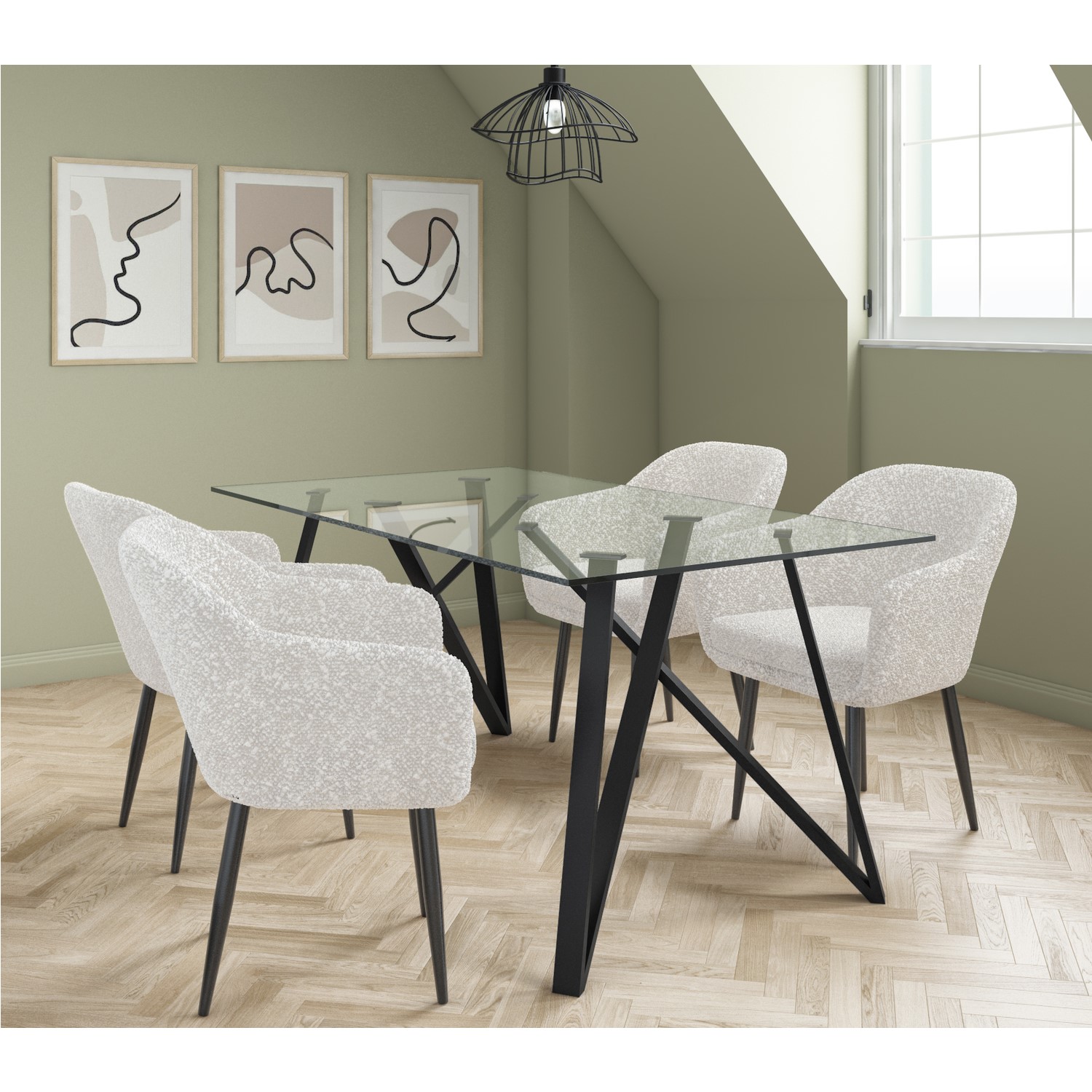 Photo of Glass dining table with 4 cream boucle dining chairs - dax