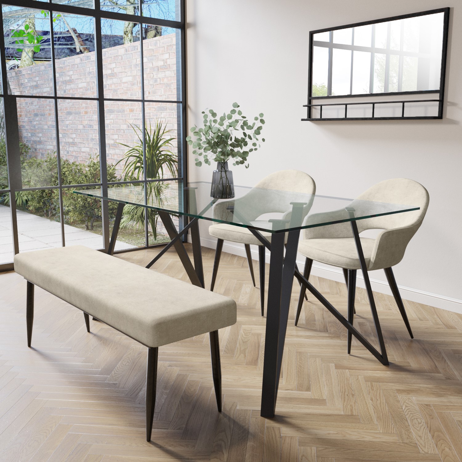 Photo of Glass dining table with 2 beige fabric dining chairs & 1 dining bench - seats 4 - dax