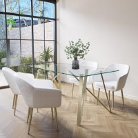 Glass Dining Table Set with 4 Cream Boucle Chairs with Gold Legs - Seats 4 - Dax
