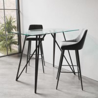 Rectangle Glass Bar Table with 2 Charcoal Velvet Bar Stools - Dax