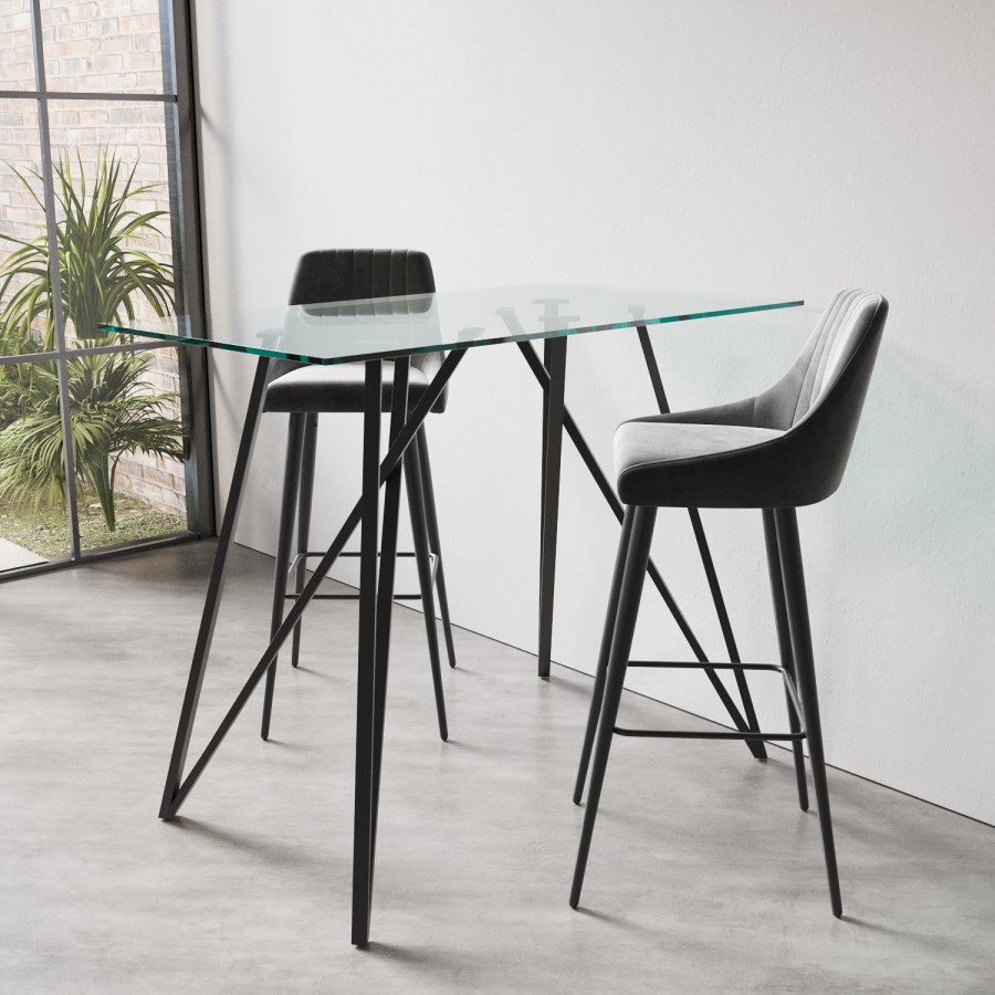 Rectangle Glass Bar Table with 2 Charcoal Velvet Bar Stools - Dax