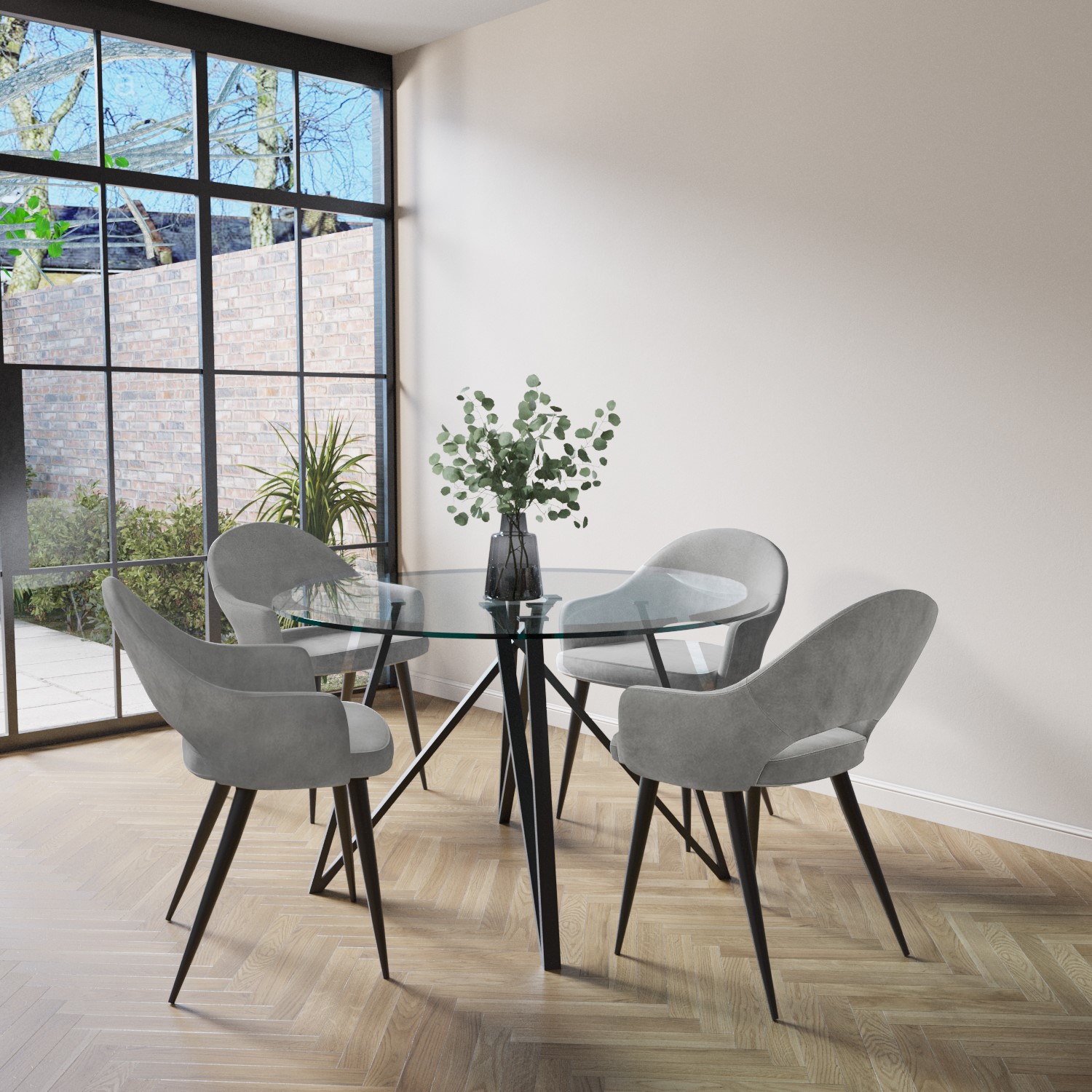 Photo of Small round glass dining table with 4 grey fabric dining chairs - dax