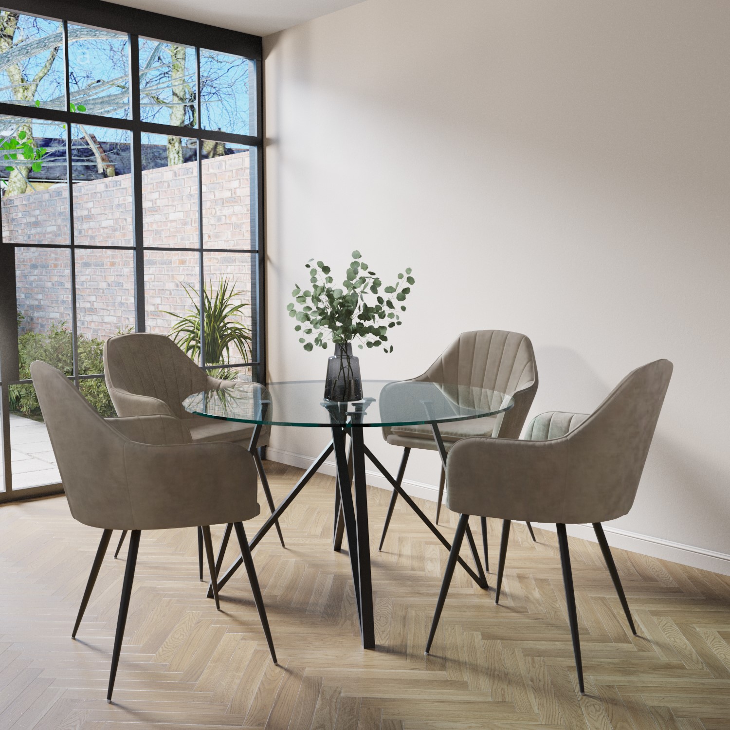 Photo of Small round glass dining table with 4 beige faux leather dining chairs - dax