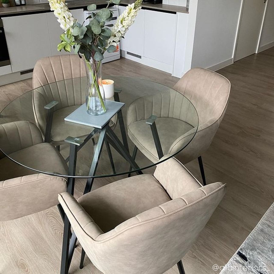 Round Glass Dining Table Set with 4 Beige Faux Leather Chairs - Seats 4 - Dax