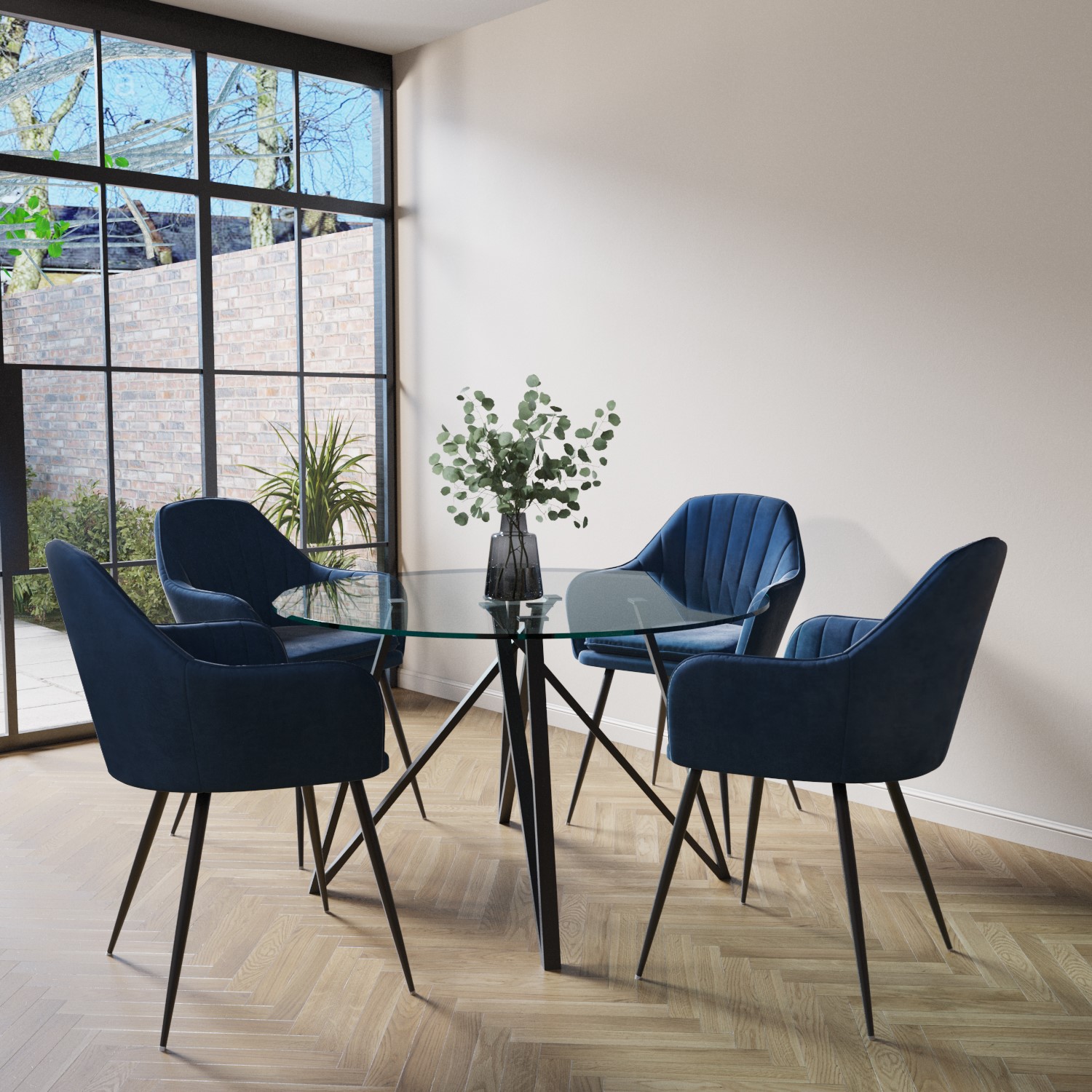 Photo of Round glass dining table with 4 navy velvet dining chairs - dax