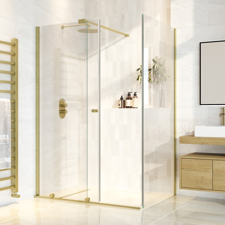 Brushed Brass 8mm Glass Frameless Rectangular Sliding Shower Enclosure 1400x800mm - Denver