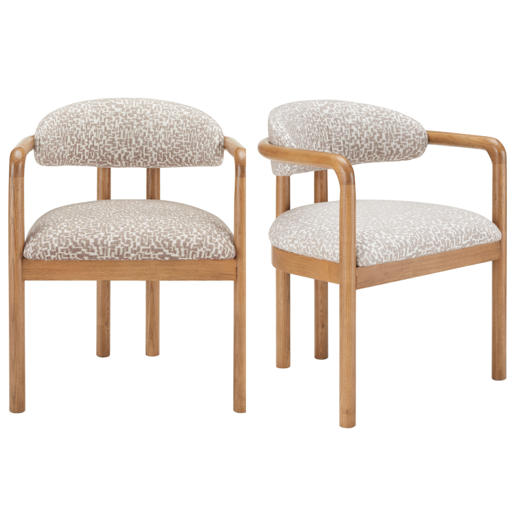 Set of 2 Neutral Jacquard Upholstered Dining Chairs with Solid Wood Exposed Back - Darla