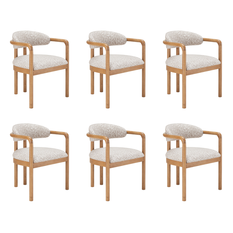 Set of 6 Neutral Jacquard Upholstered Dining Chairs with Solid Wood Exposed Back - Darla