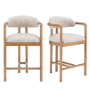 Set of 2 Beige Printed Upholstered Kitchen Stools with Solid Wood Exposed Back - Darla