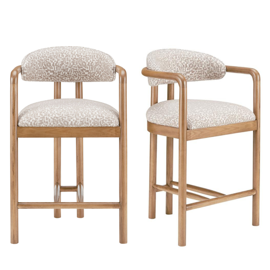 Set of 2 Beige Printed Upholstered Kitchen Stools with Solid Wood Exposed Back - Darla